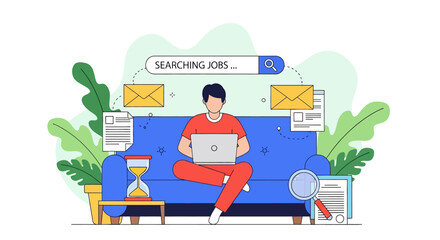 Adobe Illustrator vector flat style illustration of a person comfortably searching for jobs online using a laptop on a sofa, surrounded by relevant icons