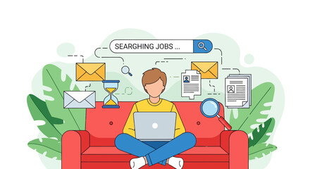 Adobe Illustrator vector flat style illustration of a person comfortably searching for jobs online using a laptop on a sofa, surrounded by relevant icons