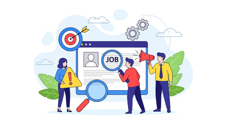 Adobe Illustrator vector flat style illustration of a team focused on job search, using magnifying glasses, a target, and a megaphone to find the right opportunity