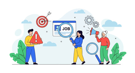 Adobe Illustrator vector flat style illustration of a team focused on job search, using magnifying glasses, a target, and a megaphone to find the right opportunity