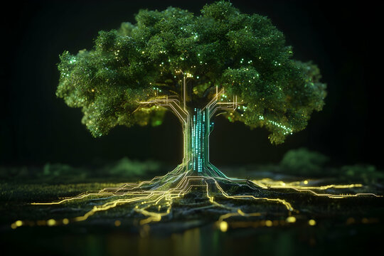 Futuristic neural network tree with digital circuitry and glowing roots