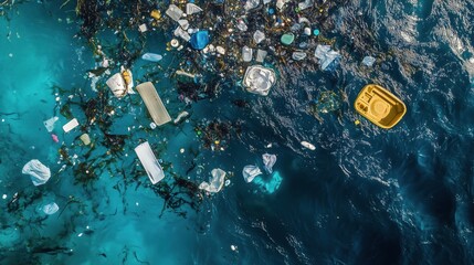 Aerial drone view of plastic garbage patch in open ocean, swirling patterns of debris floating amid clear blue water