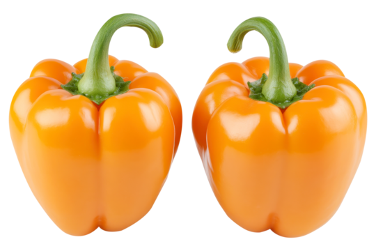 Two vibrant orange bell peppers with green stems isolated on a transparent background isolated on transparent background - Powered by Adobe