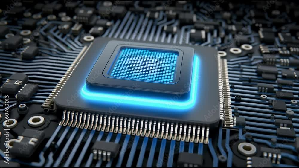 Aufkleber microchip with glowing blue light on circuit board close up showing electronic component and digital