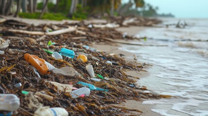 After-storm beach completely covered with newly deposited plastic waste mixed with natural driftwood and seaweed