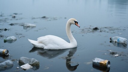 Fototapeta premium A serene white swan swims amidst floating plastic bottles and aluminum cans, highlighting environmental pollution and its impact on wildlife in a murky lake or pond .
