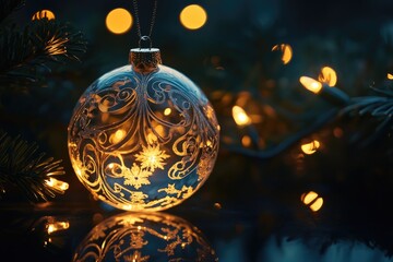 Etched glass Christmas ornament, glowing warmly