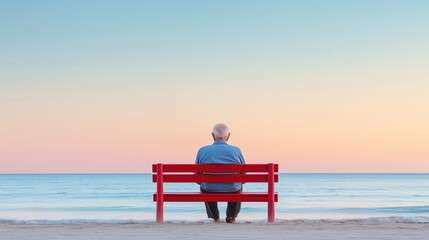 An older man sits on a red bench, facing away from the viewer and looking at the sea in front of him.