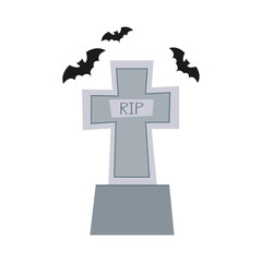 Obraz premium A cute illustration of a tombstone in a shape of a cross with bats flying above it. Perfect for Halloween themed designs, spooky posters, invitations and seasonal decorations