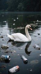 Fototapeta premium White swan swims in a polluted lake with discarded plastic and metal cans, highlighting environmental concerns and the impact of pollution on wildlife and natural habitats .