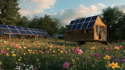 Backyard solar array with 10 ground-mounted panels powering tiny house, wildflowers growing around base, off-grid living concept