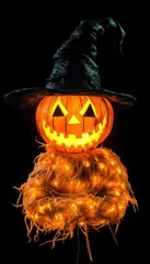 Charming Halloween Scarecrow with Jack-O -Lantern Head and Twinkling Lights on Decorative Wreath