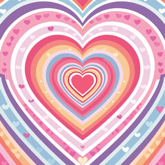 Colorful concentric hearts formation with rainbow tones and scattered small hearts for various design projects