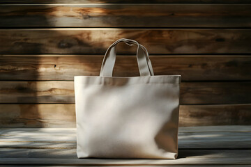 Elegant beige cloth tote bag on wooden background with sunlight shadows