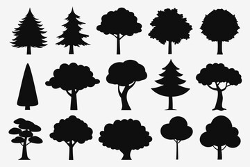 Collection of black silhouette trees various shapes and sizes