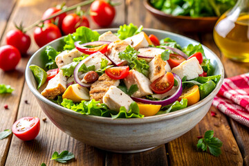 Bowl of Fresh Chicken Salad Packed with Colorful Veggies and Flavor, Generative AI