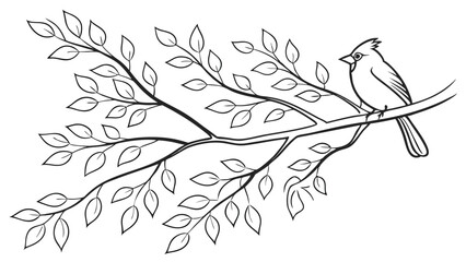 Elegant monochrome illustration of a perched cardinal bird on a leafy tree branch design for various artistic applications