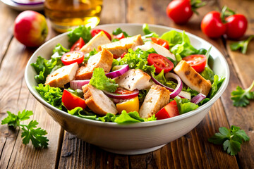 Fresh Chicken Salad in a Bowl with Crisp Veggies and Herbs, Created with AI Generative