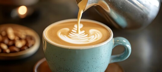 Artisan Coffee Served in a Beautifully Designed Cup with Elegant Pouring at a Modern Cafe Setting