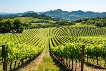 Lush vineyard rows stretch toward a distant mountain range