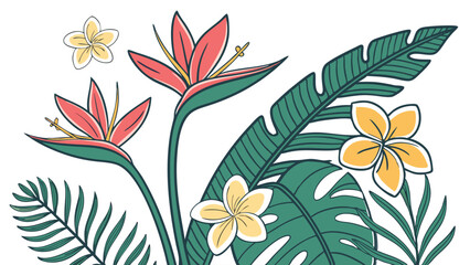 Vibrant hand drawn illustration of tropical flowers and lush green leaves arranged on a bright white background for design purposes.
