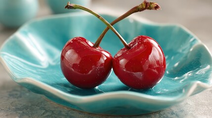 Two Fresh Red Cherries on Blue Ceramic Plate Close-Up
