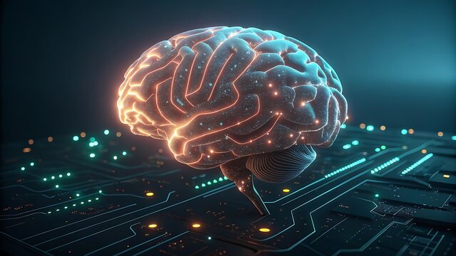 Illuminated brain on circuit board representing artificial intelligence and neural networks - ai generated - Powered by Adobe