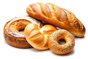 Fresh Bread Trio: Loaf, Baguette, and Bagel Isolated on White Background, Generative AI