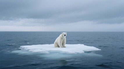Fototapeta premium A polar bear sits on a melting ice floe amidst the vast, cold ocean under a somber, overcast sky, highlighting the effects of climate change on arctic wildlife .
