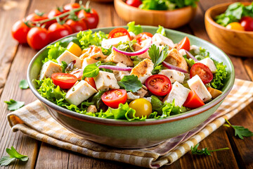 Vibrant Bowl of Fresh Chicken Salad with Colorful Vegetables, Generative AI