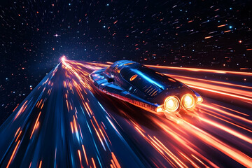 Futuristic spacecraft zooming through starry galaxy with light trails