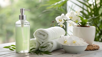 Spa setting with white orchid flowers rolled towels and liquid soap dispenser