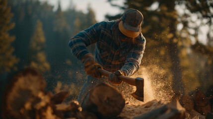 Fototapeta premium Lumberjack Chopping Wood at Golden Hour in Forest