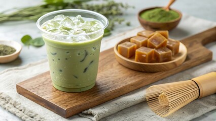 Refreshing iced matcha latte with caramel cubes and matcha powder