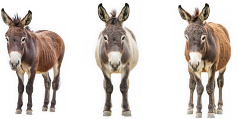 Three donkeys standing against a black background in a studio shot composition on transparent background
