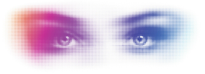 Halftone vector of human eyes formed by colorful dot gradients. Smooth dispersion with purple, orange, and blue tones on white background.