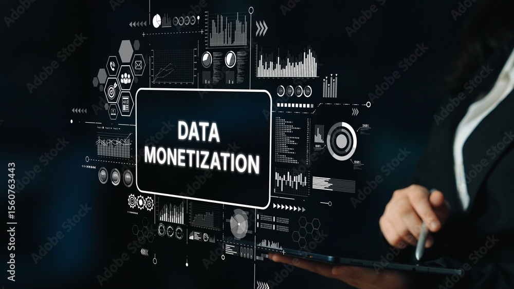 Poster business professional engaging in data monetization strategy with technology graphics on a dark back