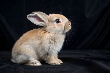 Adorable Fluffy Brown Bunny Rabbit Sitting on Black Velvet; Studio Shot, Soft Lighting, Cute Pet