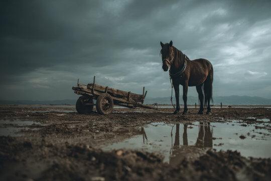 Majestic horse stands beside an old wooden cart in a dramatic, moody landscape - Powered by Adobe