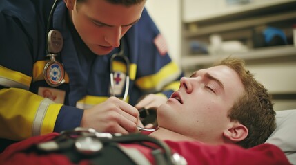 Emergency medical technician treats patient in hospital setting during critical care intervention