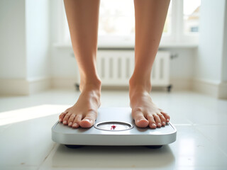 closeup of a person's feet standing on a weight scale, minimal, crisp details, natural lighting, high resolution, detailed, photorealistic