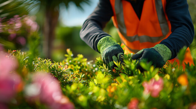 Gardener Pruning Trees in a Lush Garden