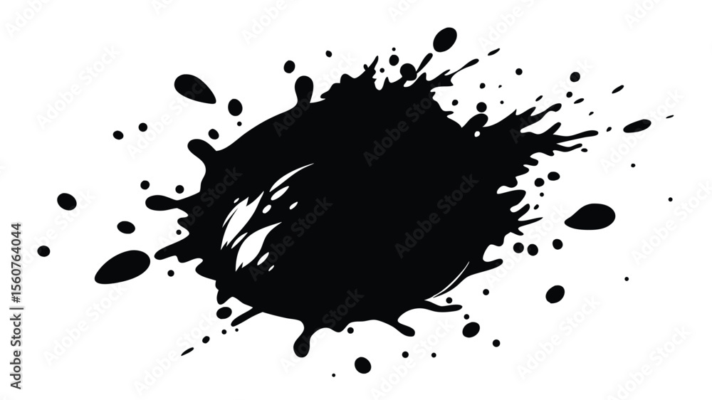 Poster artistic black ink splatter with multiple droplets on a transparent background for design
