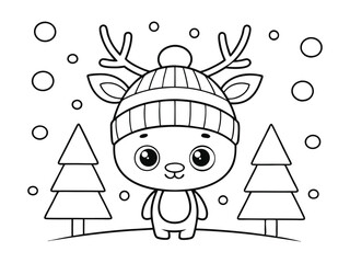 Christmas reindeer coloring page. Adorable reindeer line drawing winter scene christmas coloring page