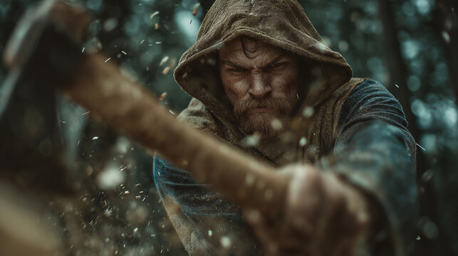 Lumberjack chopping wood in a forest during golden hour