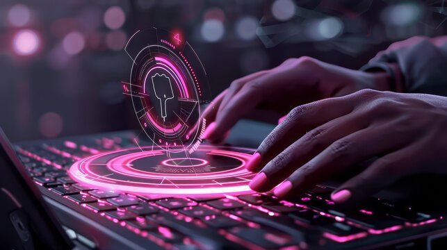 Cyber Security Specialist Typing on Glowing Laptop Keyboard with Holographic Shield in Neon
