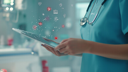 Healthcare professional in scrubs using a tablet in a modern medical environment, surrounded by digital health icons, showcasing technology in patient care and medical innovation