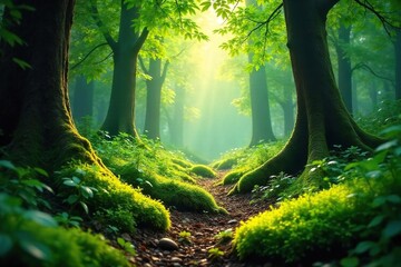 Fototapeta premium Sun-Dappled Forest Floor Tranquil Green Scene, Mossy Undergrowth, Vibrant Nature Photography Ideal for Travel and Environmental Projects