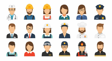 Adobe Illustrator set of avatar vector flat style illustration of diverse people in various professional uniforms, representing different occupations and essential services