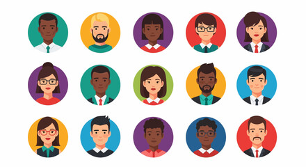 Adobe Illustrator set of avatar vector flat style illustration of diverse business people, showcasing various ethnicities, genders, and professional styles, ideal for corporate and social designs